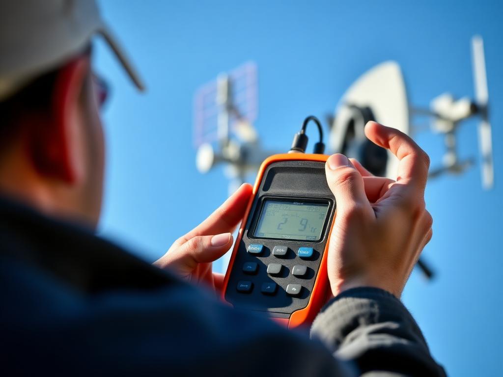 Technician testing TV signal strength